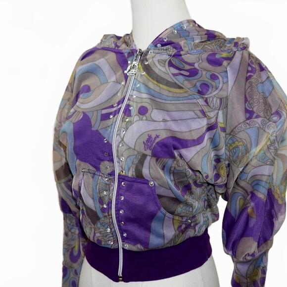 Y2K Apple Bottoms Psychedelic Sheer Cropped Zip-Up Hoodie with Rhinestones US M - Picture 3 of 8